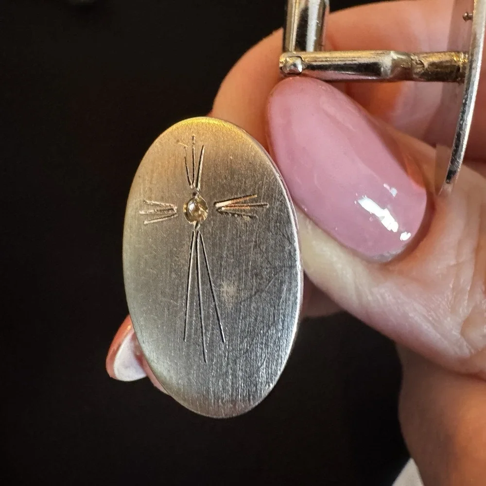 VTG Anson Cufflinks And‎ Tie Tack Sterling Silver And Diamond Cross Oval Shape